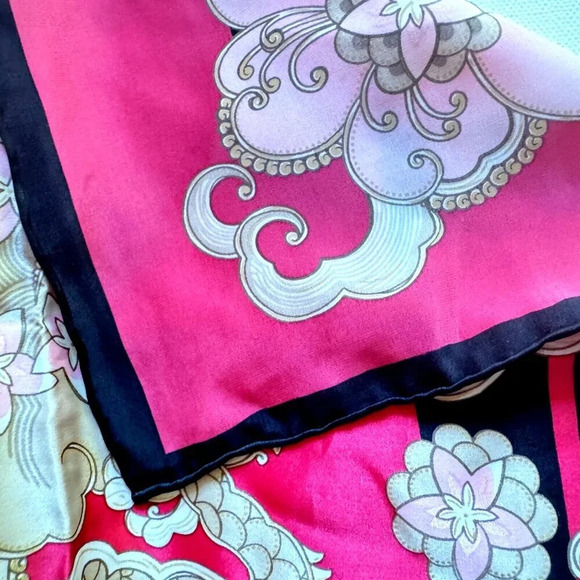 Vintage Basler Pink Dragon Floral Print Hand Rolled edge Silk Scarf - Picture 7 of 7